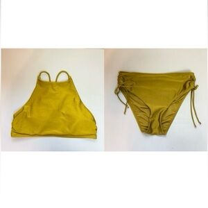 Chelsea & Violet Green High-Neck Bikini Set Braided Straps & Ruched Tie Bottoms